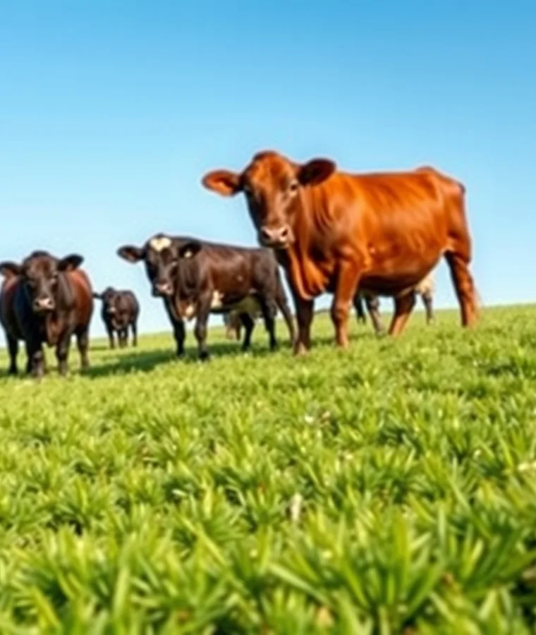 A herd of Red Angus, Black Angus, and Irish Black cows grazing